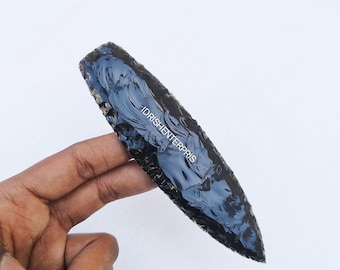 6" Black Obsidian Spearhead Handmade |Flint Knapped Arrowhead | Volcanic Glass Crystal Point | Primitive Display Decor