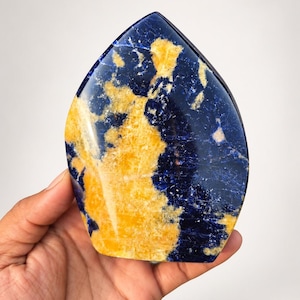 Sunset Sodalite Roated Flame, 905g Polished Blue & Golden Crystal Freeform, Statement Collector Piece