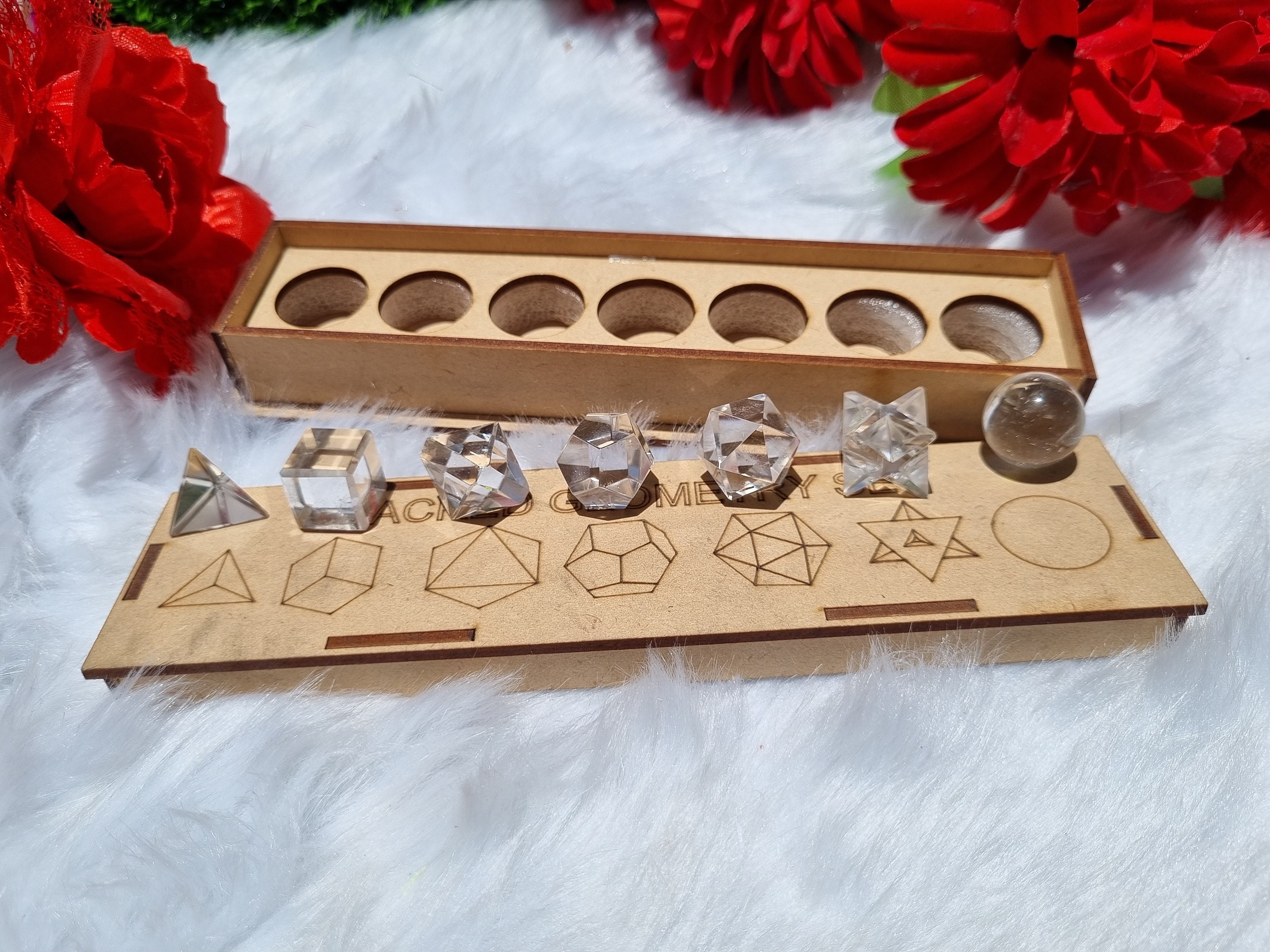 Clear Quartz Natural 7 pieces  Geometry Set,Transparent Crystal,Healing Crystal,Metaphysical Crystal,With Wooden Box.
