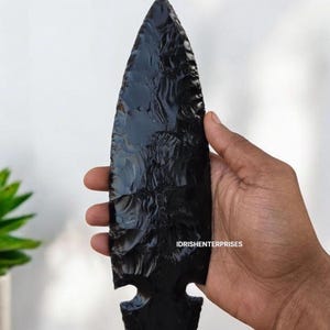 Large Obsidian Spearhead - 10 Inch Authentic Handcrafted Volcanic Glass Artifact, Prehistoric Tool Replica – Collectible Flintknapping Art.
