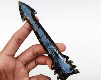 Hand Knapped Obsidian Arrowhead, Black Obsidian Spear Head (5.5-6 Inches)
