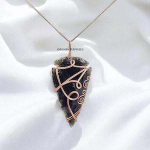 Handcrafted Obsidian Arrowhead Pendant,Copper Wire Wrapped Necklace with Silver Chain,Jewelery Gift For Man,Women,Anniversary Birthday Gifts
