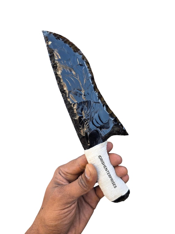 黒曜石溶岩ブレードナイフ、白糸ハンドル、スピリチュアルクレンジング