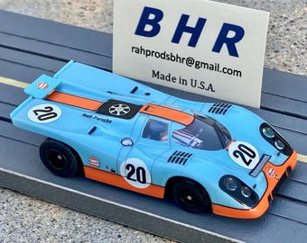 McQueen Gulf Porsche 917, BHR Custom Slot Car, Artist Signed, HO 1/64