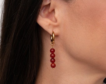 FIRE Real Red Carnelian Earrings, Gold Hoop Earrings with Dangling Charms, Gemstone Earrings, Handmade Jewelry, Gift for Her