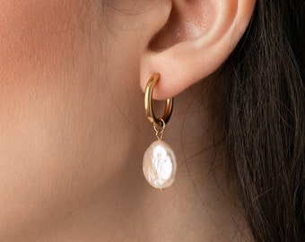 BORA Coin Pearl Hoop Earrings with Charm, Freshwater Pearl Earrings Silver, 18K Gold Pearl Huggie Earrings, Pearl Jewelry, Gift for Her