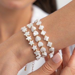 BELLE Mother of Pearl Clover Heart Star Bracelet, White Beaded Bracelet, Stainless Steel Clasp, Homemade Jewelry, Bridesmaids Gift