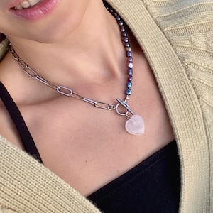 HARMONY Half Pearl Half Chain Necklace by BeBrace • Toggle Necklace • Black Pearl Necklace • Rose Quartz Stone Heart Necklace • Gift for Her