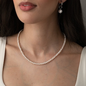 MILLIE 3-4mm Small Round Pearl Necklace for Women, Real White Freshwater Pearl Necklace Men, Wedding Necklaces, Pearl Jewelry, Gift for Her