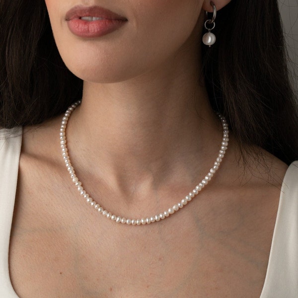 MILLIE 3-4mm kleine runde Perlenkette für Frauen, echte weiße Süßwasserperlenkette Männer, Hochzeitshalsketten, Perlenschmuck, Geschenk für Sie