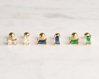 THEA Sterling Silver Screwback Tiny Baguette Stud Earrings, Gold Earrings, CZ Green Blue White Earrings, Stacking Earrings, Helix Earrings