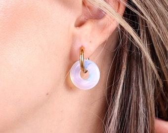 CLAIRE Opal Hoop Earrings, Mismatched Huggie Hoop Earrings with Charm, Natural Stone Donut Charm, Hypoallergenic Titanium, Gift for Her