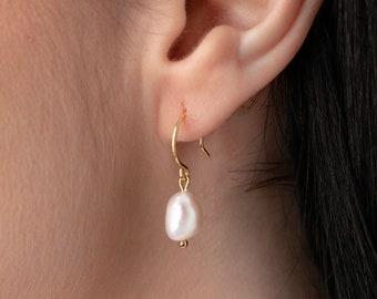 VIVA Sterling Silver Baroque Pearl Drop Earrings, Real Freshwater Pearl Earrings, Gold Pearl Dangle Earrings, Bridesmaid Gift, Gift for Her