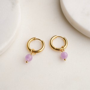 VERI PERI Dangle Drop Lavender Earrings, Dangle Huggie Hoops, Purple Jade Gemstone Hoop Earrings, Hypoallergenic, Waterproof, Gift for Her