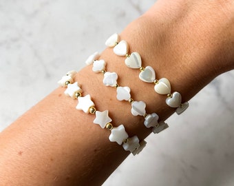 BELLE Mother of Pearl Clover Heart Star Bracelet, White Beaded Bracelet, Stainless Steel Clasp, Homemade Jewelry, Bridesmaids Gift