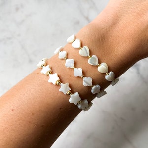 BELLE Mother of Pearl Clover Heart Star Bracelet, White Beaded Bracelet, Stainless Steel Clasp, Homemade Jewelry, Bridesmaids Gift