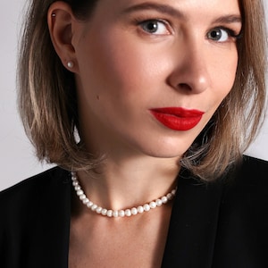 AMALFI SET Freshwater Pearl Necklace and Earrings, Real Cultured Pearl Necklace and Pearl Studs, White Round Pearls, Bridal Wedding Necklace