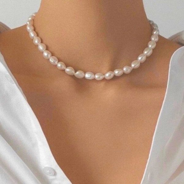 Ras de cou OSCAR véritable collier de perles baroques, collier de perles d'eau douce pour femme, gros collier de perles irrégulières pour homme, bijoux en perles, cadeau pour elle