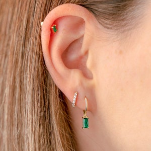 KENZIE Emerald Green Huggie Hoop Earrings Set, Dainty Hoop Earrings, Sterling Silver Earrings Gift Set, Gold Drop Earrings, Gift for Her