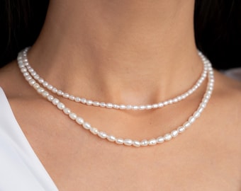 TINA Tiny Rice Pearl Necklace Women, Freshwater Pearl Necklace, Small Pearl Necklace, Dainty Pearl Choker Necklace, Gold Minimalist Necklace