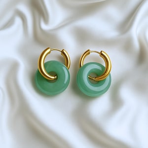 KITTY Green Jade Hoop Earrings, Jade Gemstone Summer Jewelry, Green Jade Earrings, Donut Charms, Natural Gemstones Earrings, Gift for Her