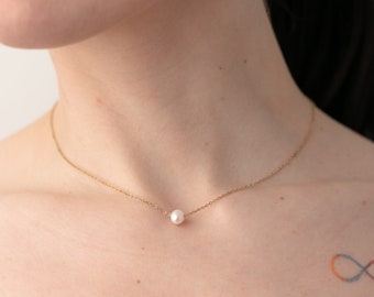 OCEAN Single Minimalist Pearl Necklace, Freshwater Pearl Pendant, Floating Gold Pearl Drop Necklace, Dainty Simple Necklace, Bridesmaid Gift