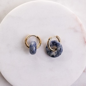 SOFIE 12 mm Sodalite Huggie Hoop Earrings, Sapphire Blue Earrings, Mismatched Earrings with Donut Charms, Hypoallergenic Titanium, Gift