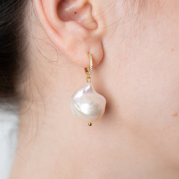 KYOTO Big 12mm Baroque Pearl Drop Earrings, Real Irregular Freshwater Pearl Earrings, Cz Gold Cultured Pearl Dangle Earrings, Gift for Her