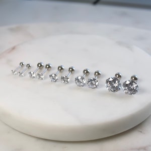 TULIP Petits clous d'oreilles ronds avec diamants CZ, Boucles d'oreilles en argent sterling, Petits clous d'oreilles, Boucles d'oreilles simples en zircone cubique, Hypoallergénique