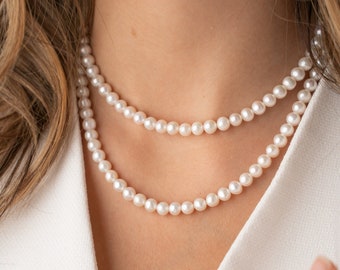 CAMILLE 6mm echte Süßwasserperlen Halskette für Frauen, klassische Perlenkette, natürliche weiße runde Perlen, Hochzeitshalskette, Geschenk für Sie