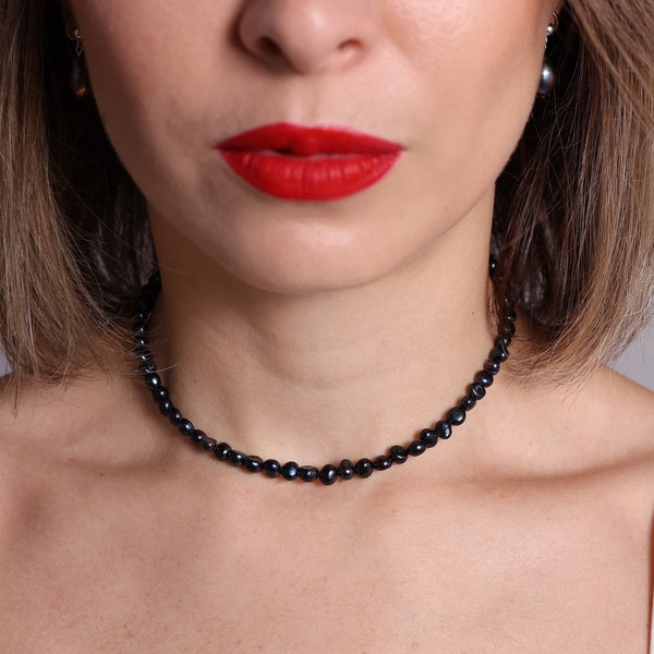 ALICE schwarze Perlenhalskette Choker, Barockperlenkette, unregelmäßige Perlenkette, dunkle Süßwasserperlenkette für Frauen, Geschenk für Sie