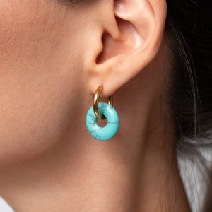 ELSA Turquoise Earrings, Huggie Hoop Earrings, Natural Stone Earrings, Mismatched Earrings with Donut Charms, Hypoallergenic Titanium