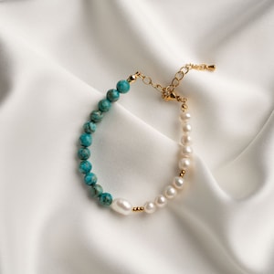 SKY MINI Natural Turquoise Bracelet, Turquoise and Pearl Bracelet, Gold Turquoise Bracelet, Summer Jewelry, Turquoise Jewelry, Gift for Her