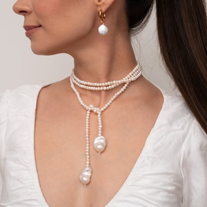 SELESTE Long Freshwater Pearl Wrap Necklace, Multilayered Pearl Choker, Chunky Baroque Pearl Necklace, Wedding Necklace, Statement Necklace