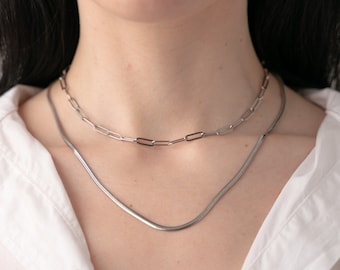 JIN Silver Snake Necklace, Herringbone Chain Necklace, Flat Snake Chain Choker, Snake Chain Necklace, Snake Choker, Gift for Her