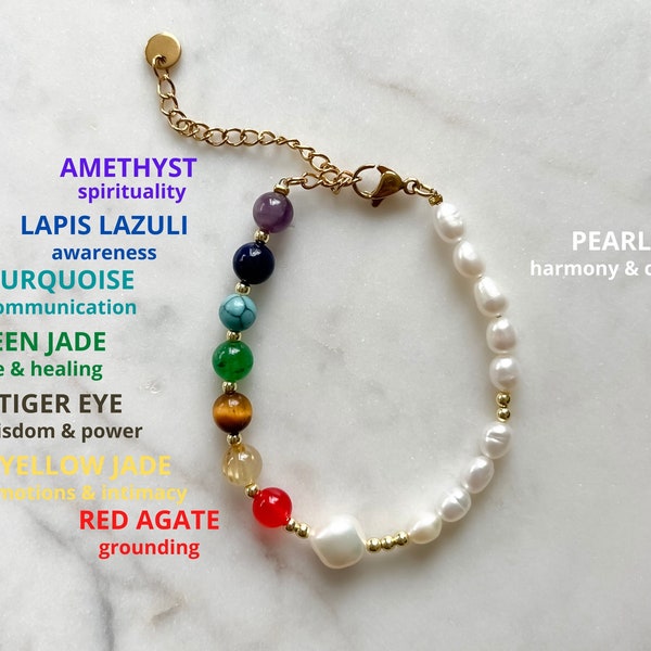 MANTRA 7 Chakras Bracelet, Pearl Gemstone Bracelet, Mismatched Freshwater Pearl Bead Bracelet, Anxiety Healing Bracelet, Gift for Her