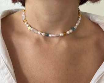 FANTASY Colorful Pearl Bead Necklace, Mismatched Beaded Choker, Cultured Freshwater Pearl Necklace Men, Handmade Jewelry, Gift for Her