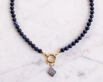 GINZA Lapis Lazuli Necklace Choker with Clover Pendant, Clover Necklace, Gemstone Necklace, Genuine Lapis Lazuli, Handmade Jewelry, Gift