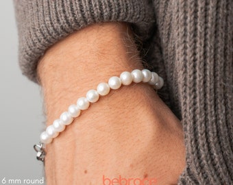 Bracelet de perles d'eau douce rondes COOPER 6 mm pour homme, bracelet de perles de culture pour femme, perles rondes blanches, cadeau pour lui, cadeau pour elle