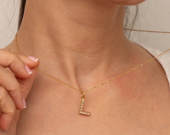 GRACE Pearl Initial Necklace, Letter Charm Necklace, Pearl Letter Pendant, Gold Layering Necklace, Dainty Simple Necklace, Gift for Her