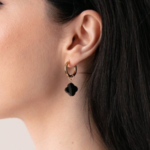 JULIETTE (3 modèles) Boucles d'oreilles trèfle, Boucles d'oreilles en argent avec breloque, Boucles d'oreilles en or, Boucles d'oreilles en nacre blanche et rose noire, Cadeau pour elle