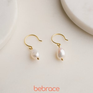 VIVA Sterling Silver Baroque Pearl Drop Earrings, Real Freshwater Pearl Earrings, Gold Pearl Dangle Earrings, Bridesmaid Gift, Gift for Her image 2