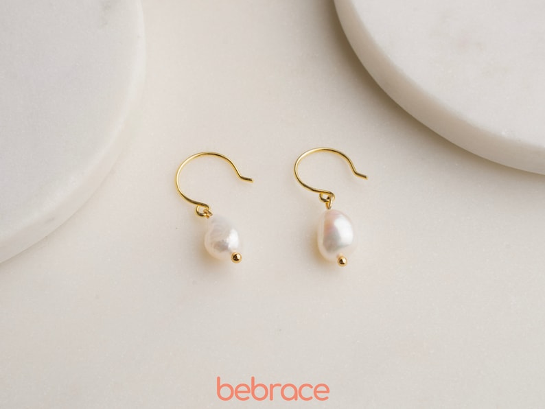 VIVA Sterling Silver Baroque Pearl Drop Earrings, Real Freshwater Pearl Earrings, Gold Pearl Dangle Earrings, Bridesmaid Gift, Gift for Her image 2