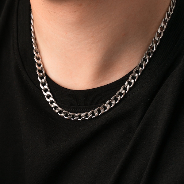 NOAH Polished Curb Chain Necklace Men, Stainless Steel Chunky Big Cuban Link Chain Necklace, Waterproof Silver Chain for Men, Gift for Him