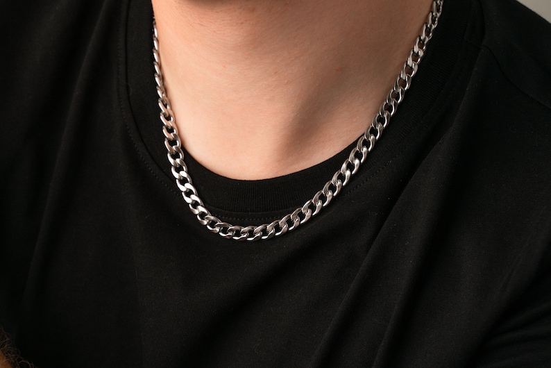 NOAH Polished Curb Chain Necklace Men, Stainless Steel Chunky Big Cuban Link Chain Necklace, Waterproof Silver Chain for Men, Gift for Him image 1