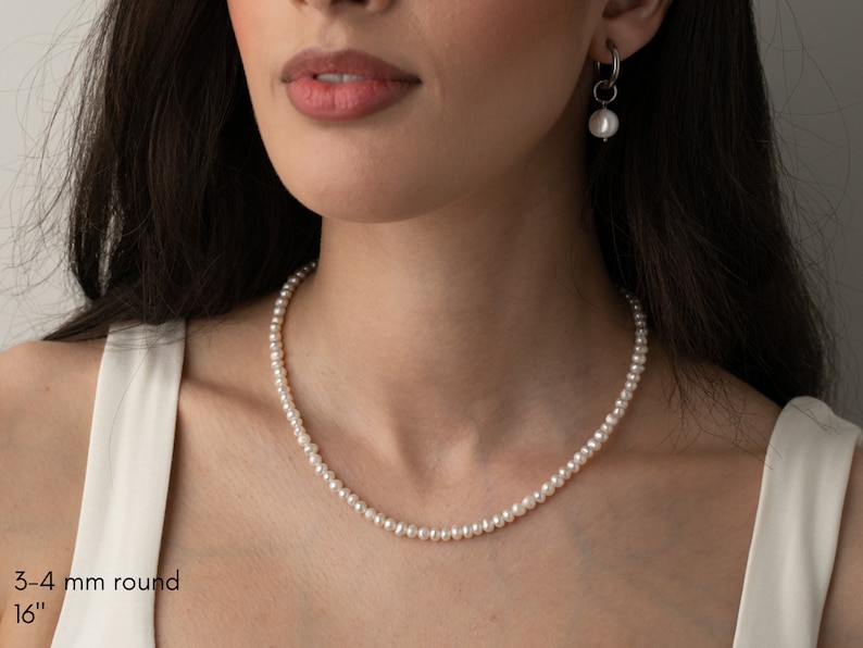 pearl necklace, 3-4mm round freshwater pearls, white cultured pearl choker, 14", 16", 18", 20", 22", 24", 26"