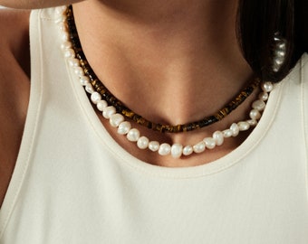 OFELIA Irregular Pearl Necklace, Real Cultured Pearl Necklace for Women, Gold Chunky Pearl Necklace Men, Small Baroque Pearl Choker