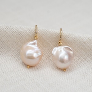 KYOTO Big 12mm Baroque Pearl Drop Earrings, Real Irregular Freshwater Pearl Earrings, Cz Gold Cultured Pearl Dangle Earrings, Gift for Her