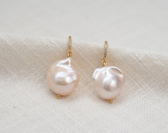 KYOTO Big 12mm Baroque Pearl Drop Earrings, Real Irregular Freshwater Pearl Earrings, Cz Gold Cultured Pearl Dangle Earrings, Gift for Her