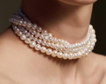 DIANA Multi Layered Pearl Necklace Choker, Real Freshwater Pearl Necklace, Statement Necklace Pearl, Pearl Jewelry, Wedding Necklace, Gift